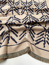 LARGE NAVY BLUE RETRO PRINT REVERSIBLE WOOL WINTER SHAWL BLANKET SCARF