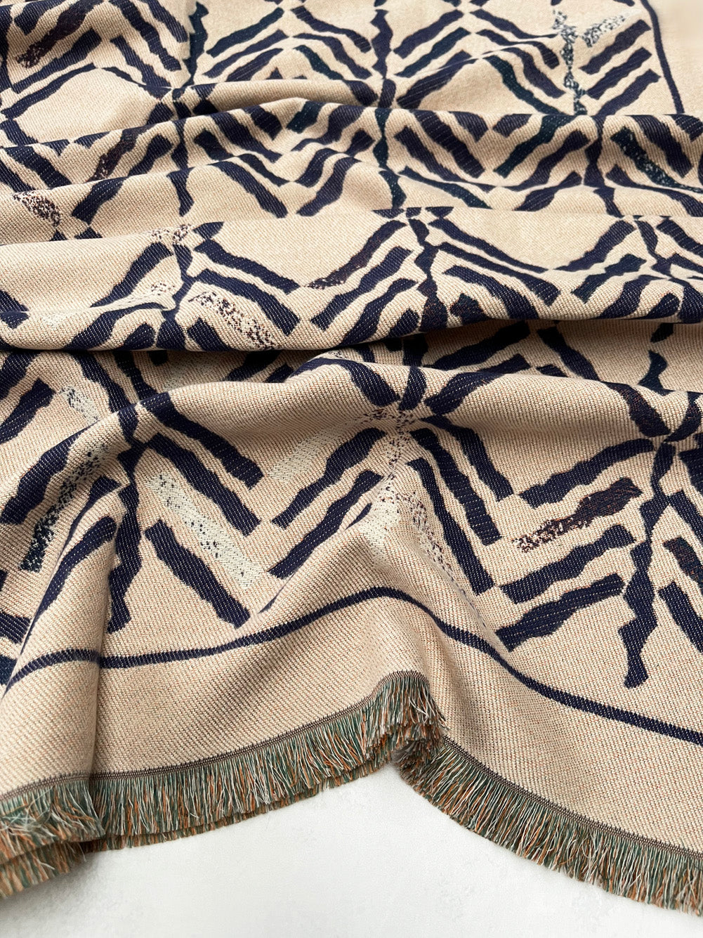 LARGE NAVY BLUE RETRO PRINT REVERSIBLE WOOL WINTER SHAWL BLANKET SCARF