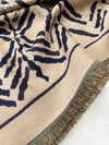 LARGE NAVY BLUE RETRO PRINT REVERSIBLE WOOL WINTER SHAWL BLANKET SCARF