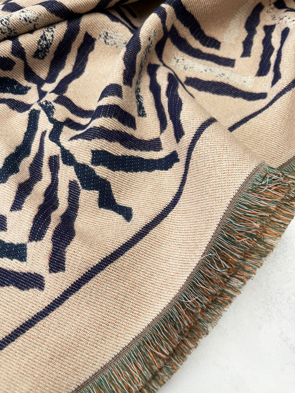 LARGE NAVY BLUE RETRO PRINT REVERSIBLE WOOL WINTER SHAWL BLANKET SCARF