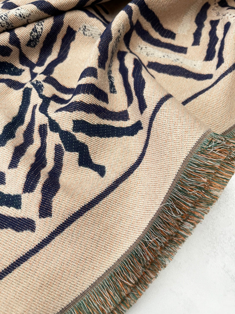 LARGE NAVY BLUE RETRO PRINT REVERSIBLE WOOL WINTER SHAWL BLANKET SCARF