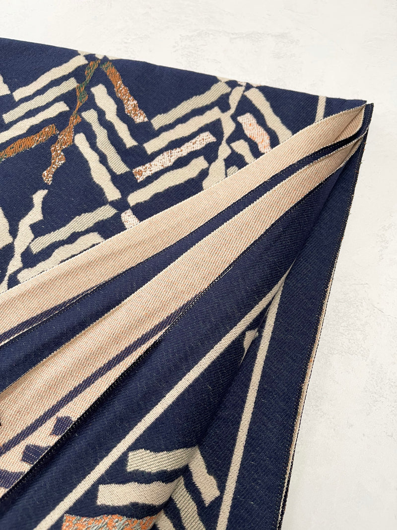 LARGE NAVY BLUE RETRO PRINT REVERSIBLE WOOL WINTER SHAWL BLANKET SCARF