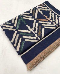 LARGE NAVY BLUE RETRO PRINT REVERSIBLE WOOL WINTER SHAWL BLANKET SCARF
