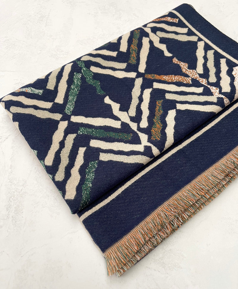 LARGE NAVY BLUE RETRO PRINT REVERSIBLE WOOL WINTER SHAWL BLANKET SCARF
