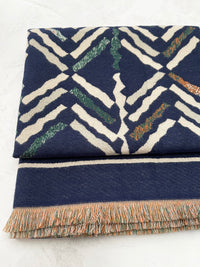 LARGE NAVY BLUE RETRO PRINT REVERSIBLE WOOL WINTER SHAWL BLANKET SCARF