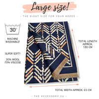 LARGE NAVY BLUE RETRO PRINT REVERSIBLE WOOL WINTER SHAWL BLANKET SCARF