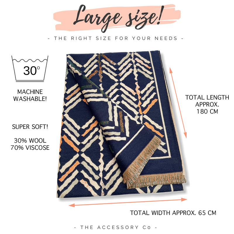 LARGE NAVY BLUE RETRO PRINT REVERSIBLE WOOL WINTER SHAWL BLANKET SCARF