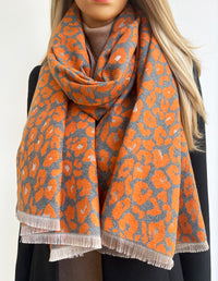 LARGE ORANGE LEOPARD PRINT REVERSIBLE WINTER SHAWL BLANKET SCARF