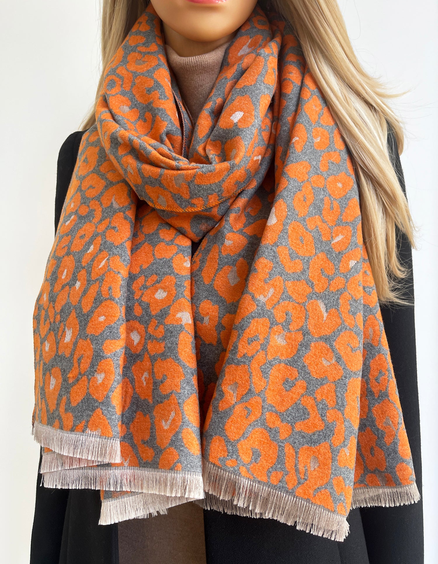 LARGE ORANGE LEOPARD PRINT REVERSIBLE WINTER SHAWL BLANKET SCARF