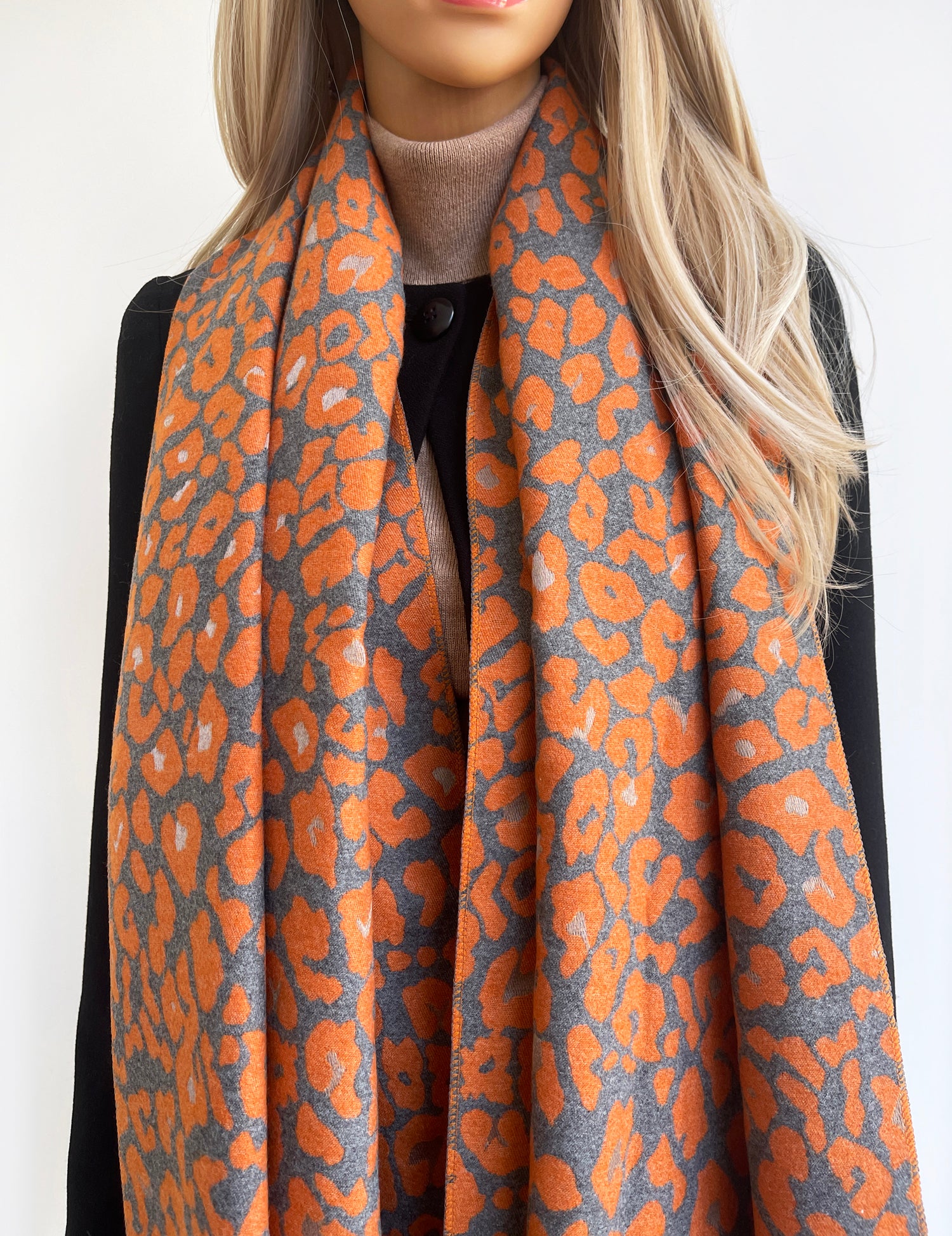 LARGE ORANGE LEOPARD PRINT REVERSIBLE WINTER SHAWL BLANKET SCARF