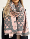 LARGE PINK HEART PRINT REVERSIBLE CASHMERE WINTER SHAWL BLANKET SCARF