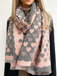 LARGE PINK HEART PRINT REVERSIBLE CASHMERE WINTER SHAWL BLANKET SCARF