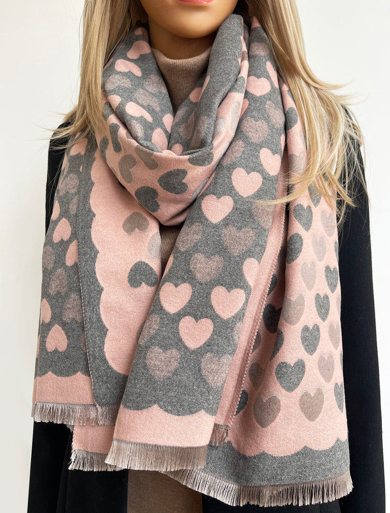 LARGE PINK HEART PRINT REVERSIBLE CASHMERE WINTER SHAWL BLANKET SCARF