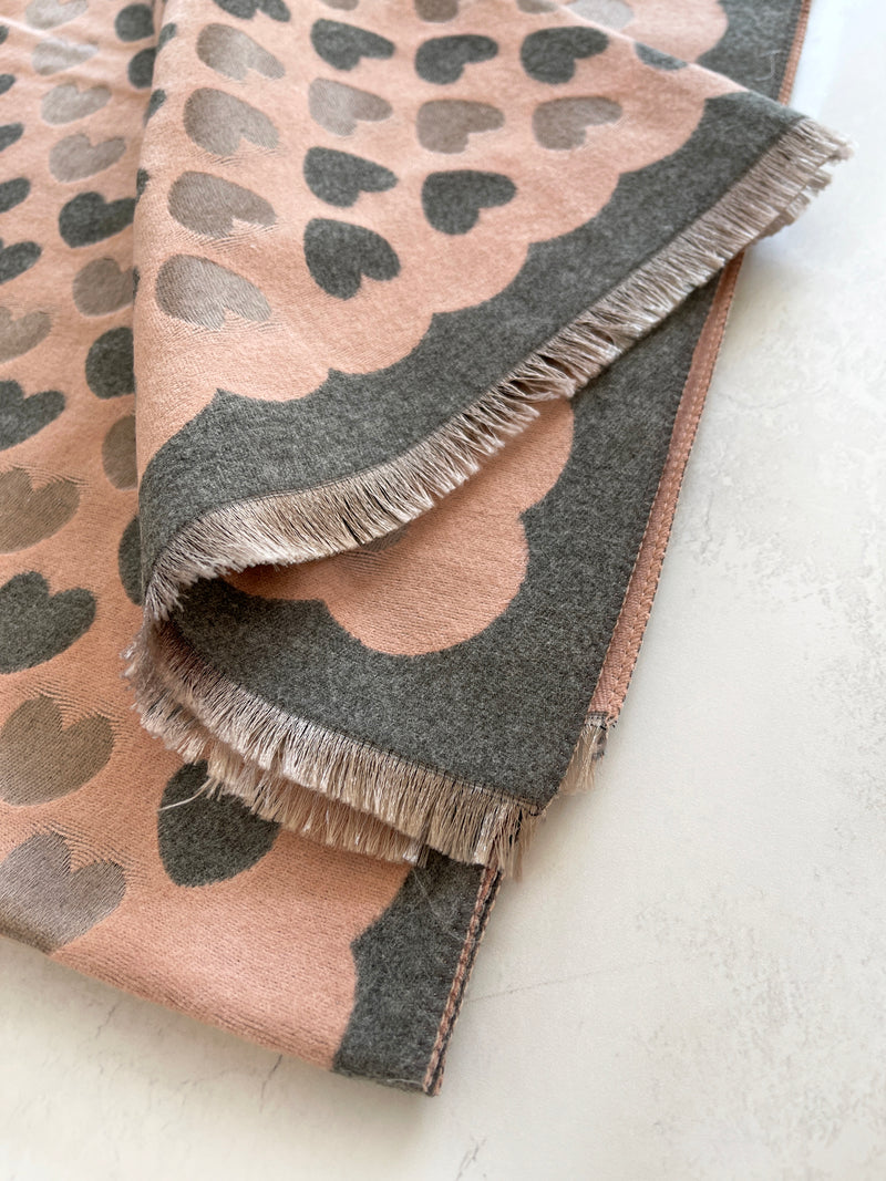 LARGE PINK HEART PRINT REVERSIBLE CASHMERE WINTER SHAWL BLANKET SCARF