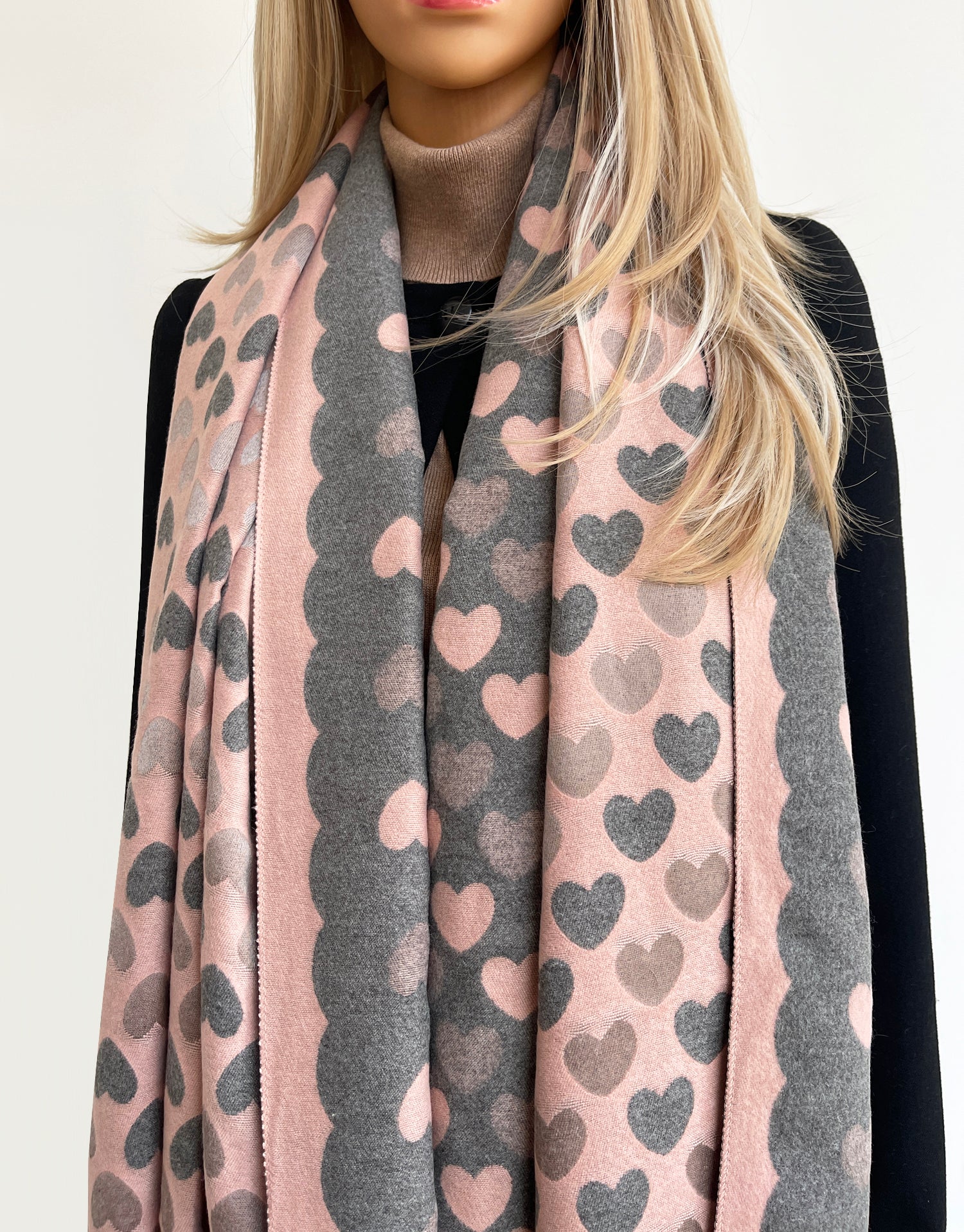 LARGE PINK HEART PRINT REVERSIBLE CASHMERE WINTER SHAWL BLANKET SCARF