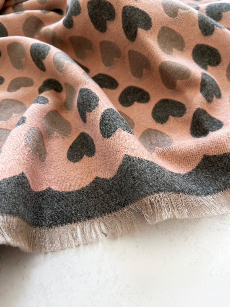 LARGE PINK HEART PRINT REVERSIBLE CASHMERE WINTER SHAWL BLANKET SCARF