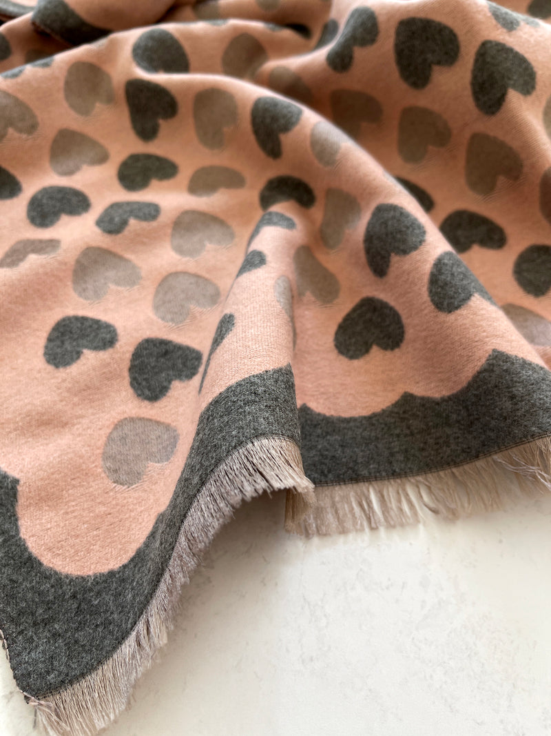 LARGE PINK HEART PRINT REVERSIBLE CASHMERE WINTER SHAWL BLANKET SCARF