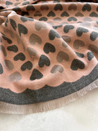 LARGE PINK HEART PRINT REVERSIBLE CASHMERE WINTER SHAWL BLANKET SCARF