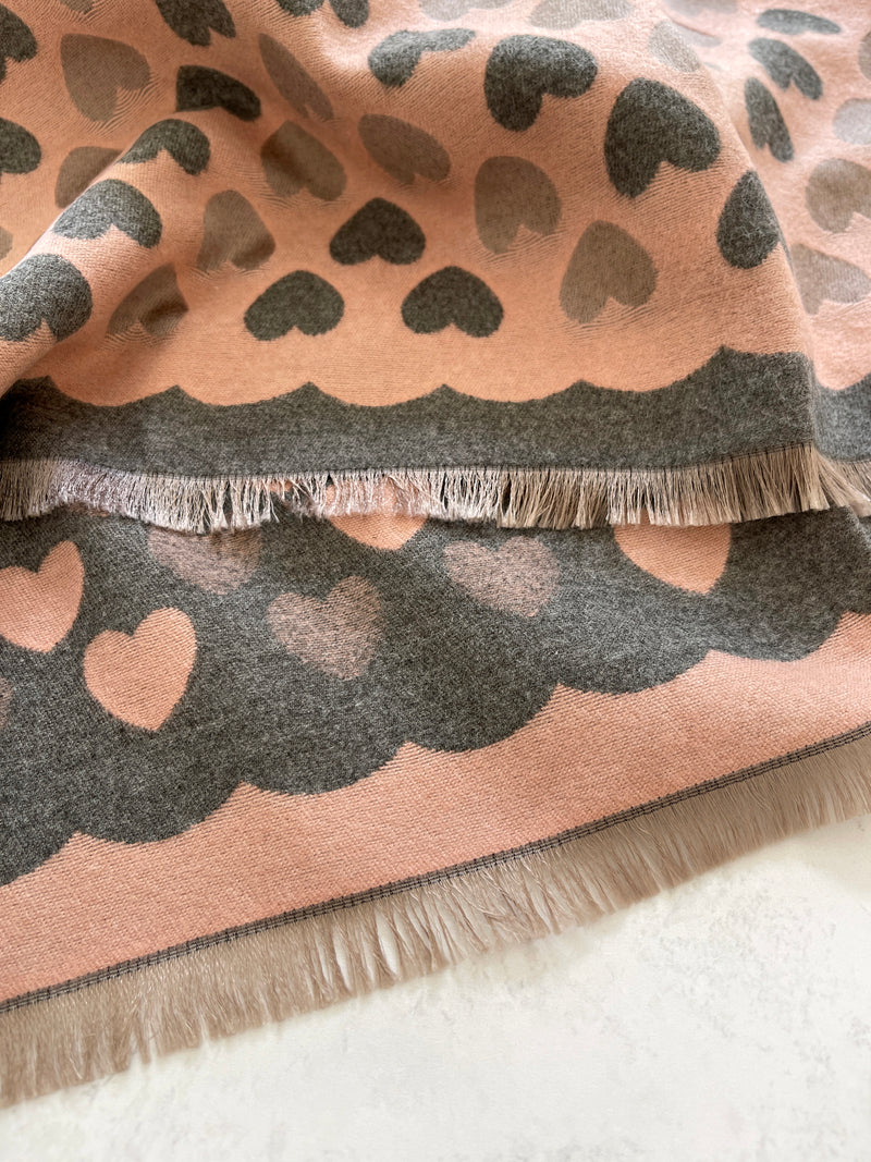 LARGE PINK HEART PRINT REVERSIBLE CASHMERE WINTER SHAWL BLANKET SCARF