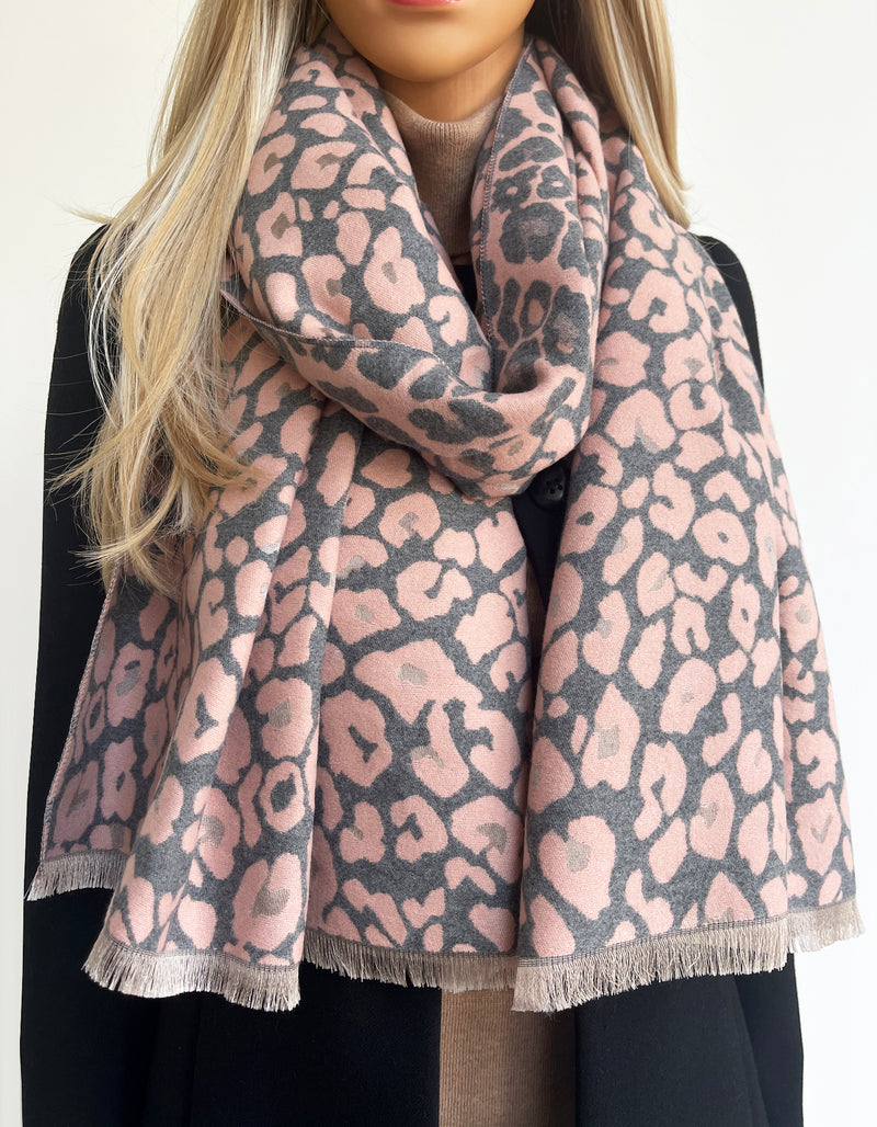 LARGE PINK LEOPARD PRINT REVERSIBLE WINTER SHAWL BLANKET SCARF