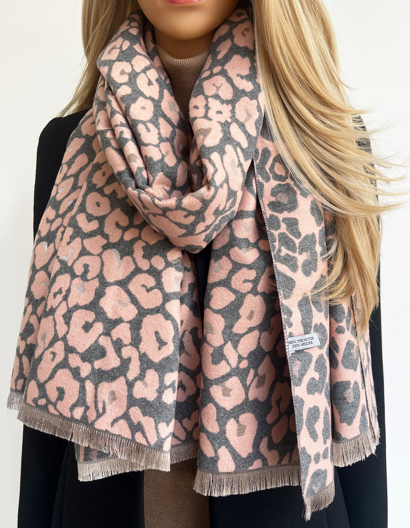 LARGE PINK LEOPARD PRINT REVERSIBLE WINTER SHAWL BLANKET SCARF