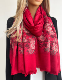 LARGE RED FLORAL PRINT SILKY FEEL PASHMINA SHAWL SCARF