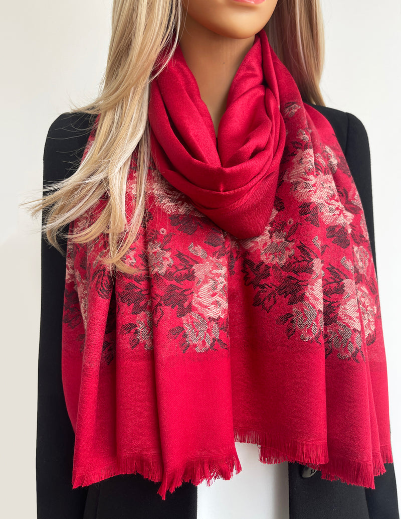 LARGE RED FLORAL PRINT SILKY FEEL PASHMINA SHAWL SCARF