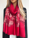LARGE RED FLORAL PRINT SILKY FEEL PASHMINA SHAWL SCARF
