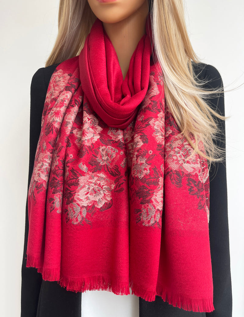 LARGE RED FLORAL PRINT SILKY FEEL PASHMINA SHAWL SCARF