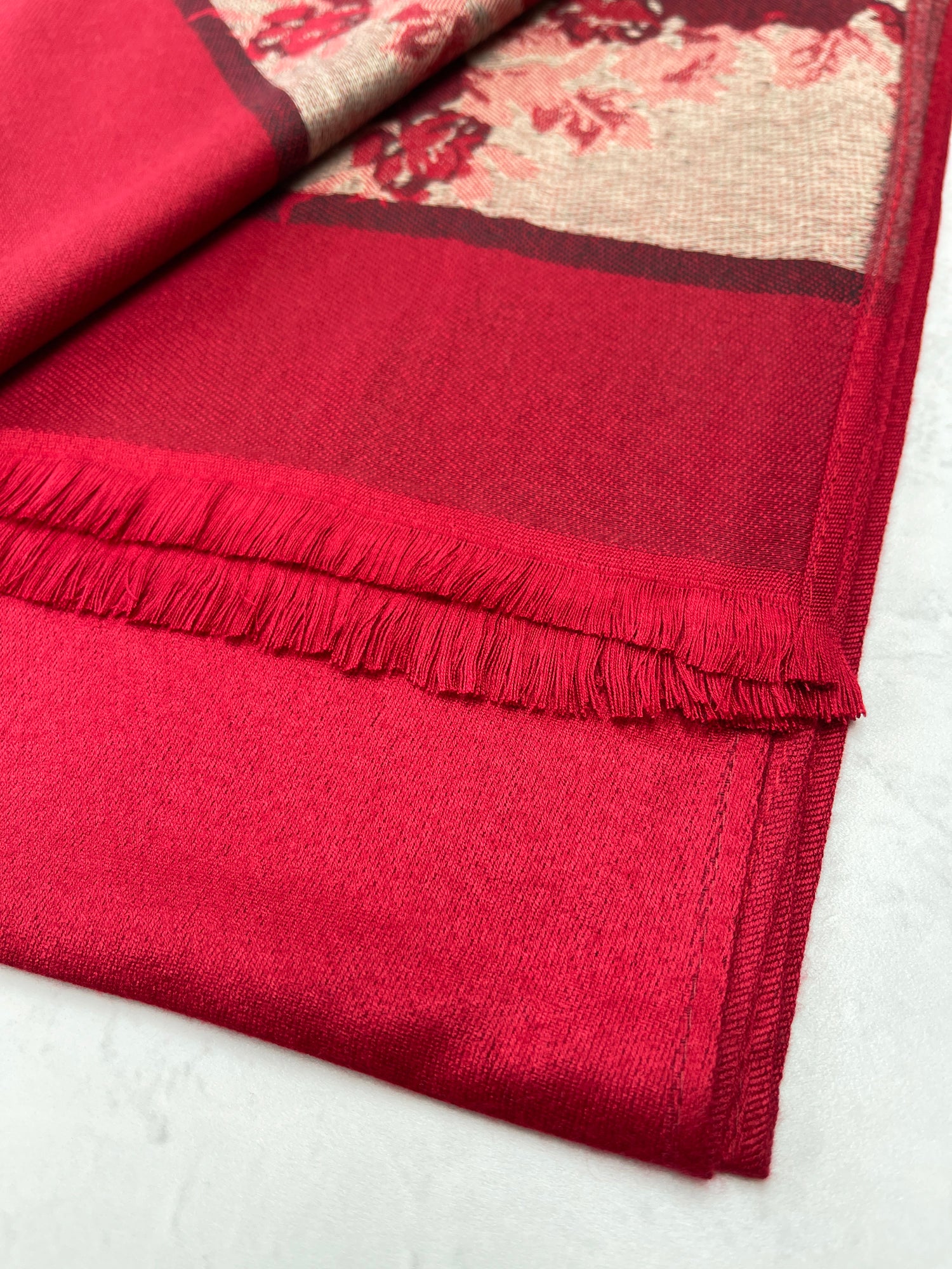 LARGE RED FLORAL PRINT SILKY FEEL PASHMINA SHAWL SCARF