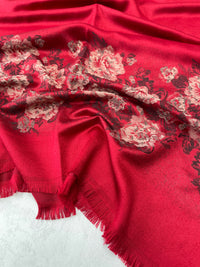 LARGE RED FLORAL PRINT SILKY FEEL PASHMINA SHAWL SCARF