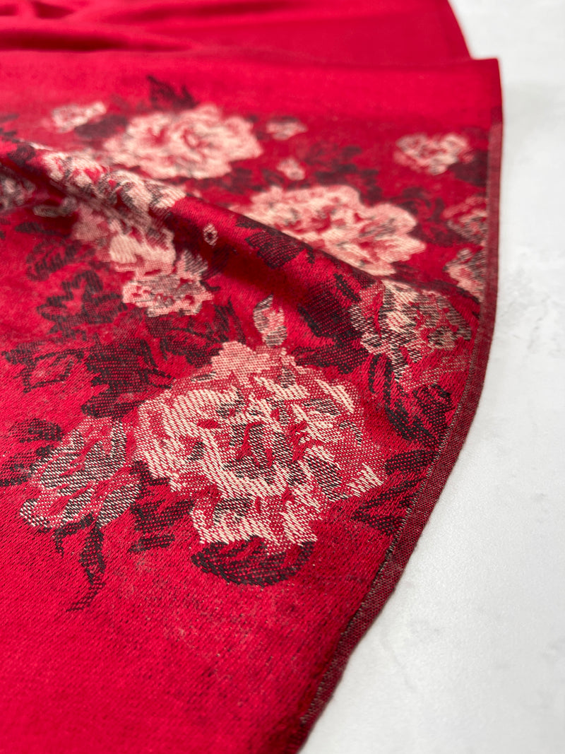 LARGE RED FLORAL PRINT SILKY FEEL PASHMINA SHAWL SCARF