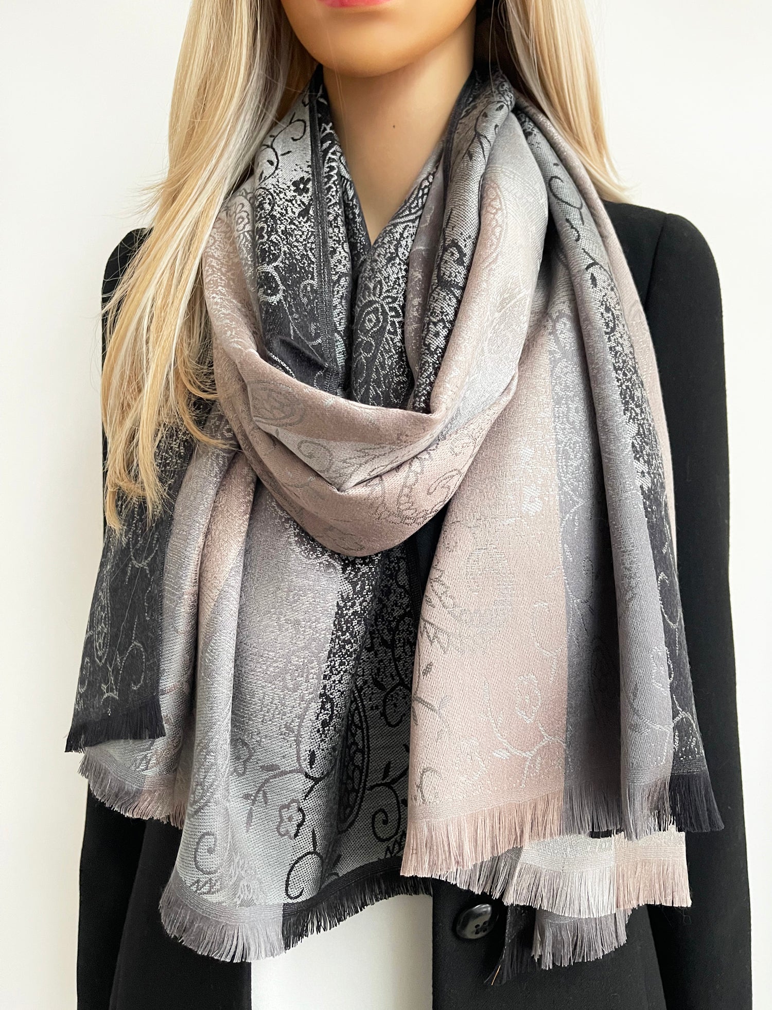 LARGE REVERSIBLE GREY OMBRE PAISLEY PRINT PASHMINA SHAWL SCARF WRAP