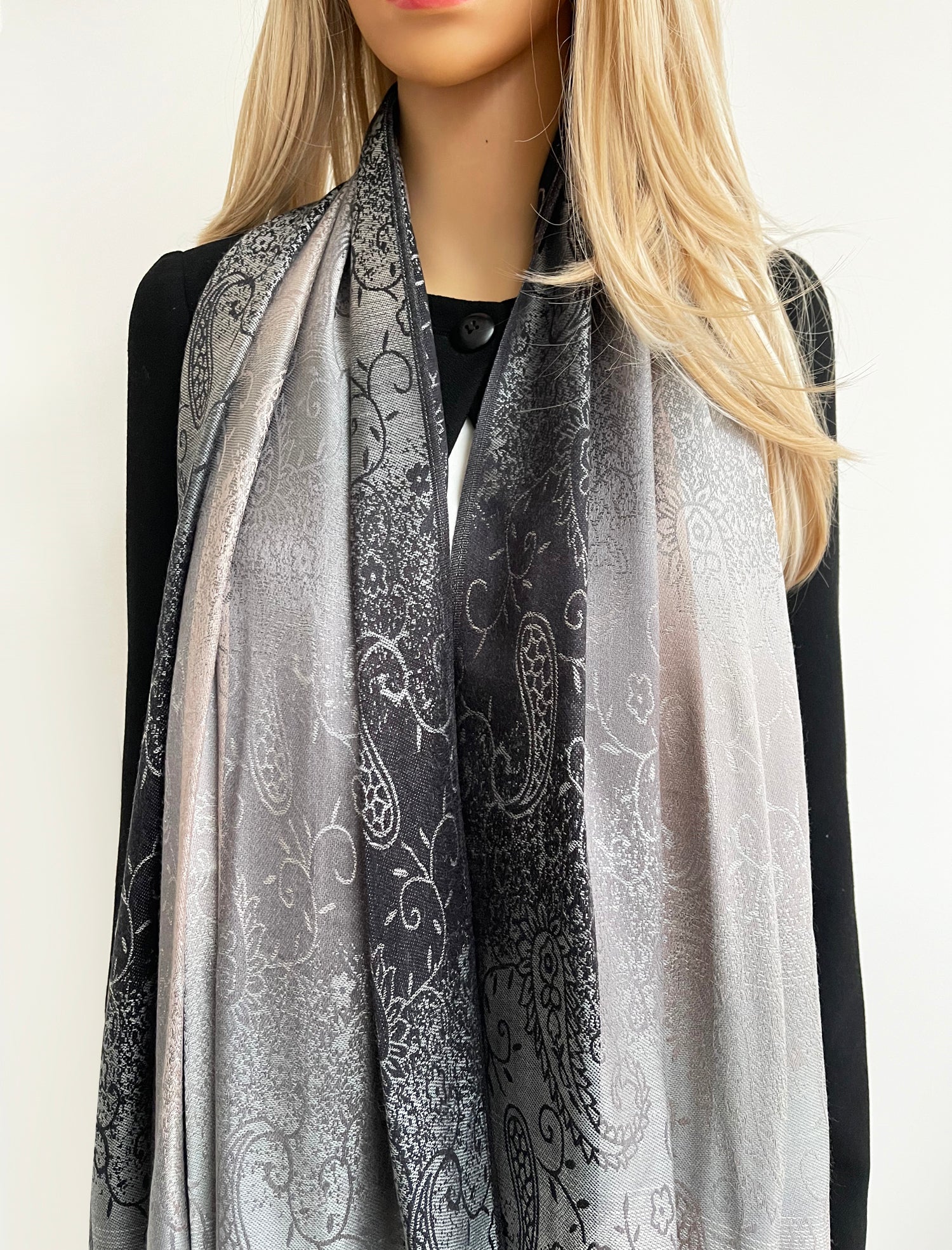 LARGE REVERSIBLE GREY OMBRE PAISLEY PRINT PASHMINA SHAWL SCARF WRAP
