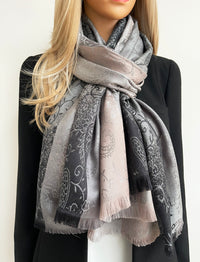 LARGE REVERSIBLE GREY OMBRE PAISLEY PRINT PASHMINA SHAWL SCARF WRAP