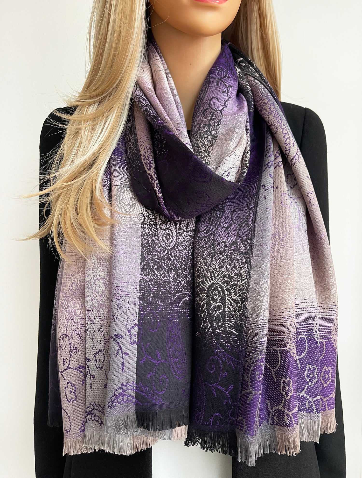 LARGE REVERSIBLE PURPLE OMBRE PAISLEY PRINT PASHMINA SHAWL SCARF WRAP