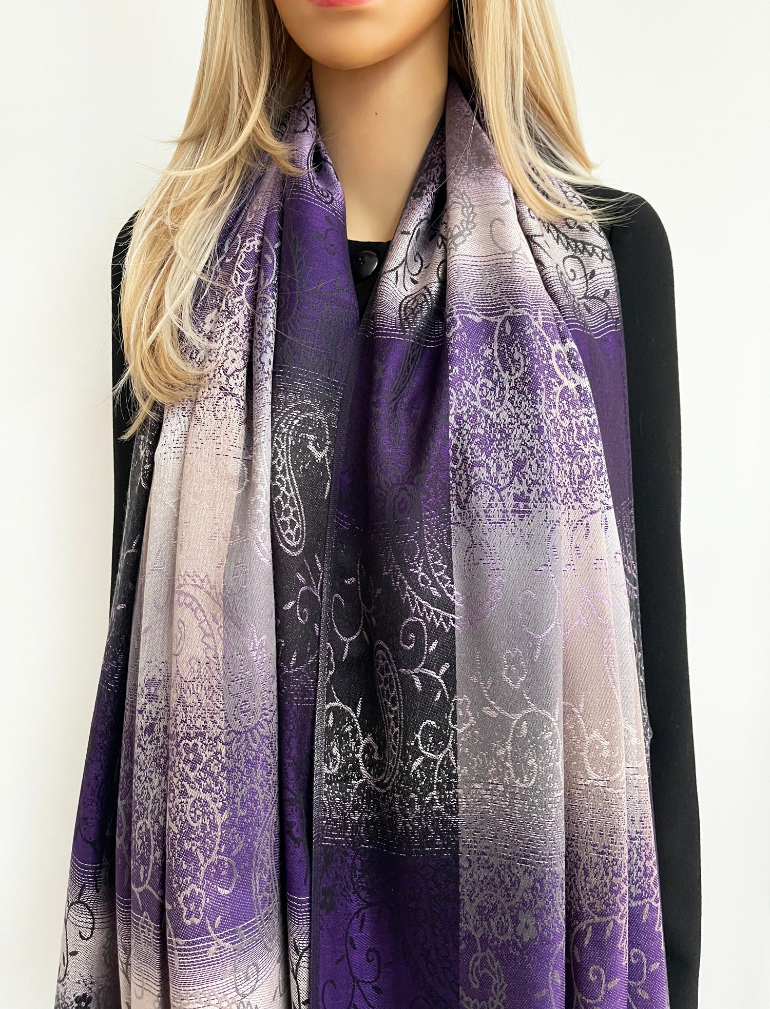 LARGE REVERSIBLE PURPLE OMBRE PAISLEY PRINT PASHMINA SHAWL SCARF WRAP