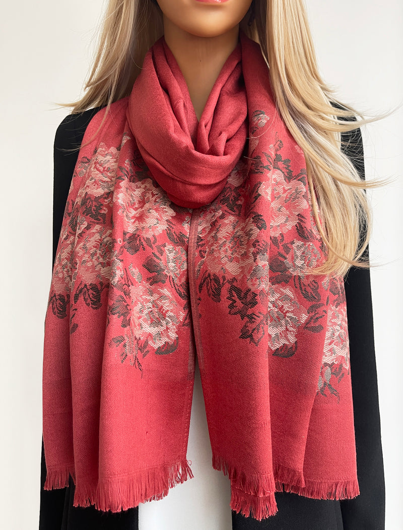 LARGE RUSTIC ORANGE FLORAL PRINT SILKY FEEL PASHMINA SHAWL SCARF