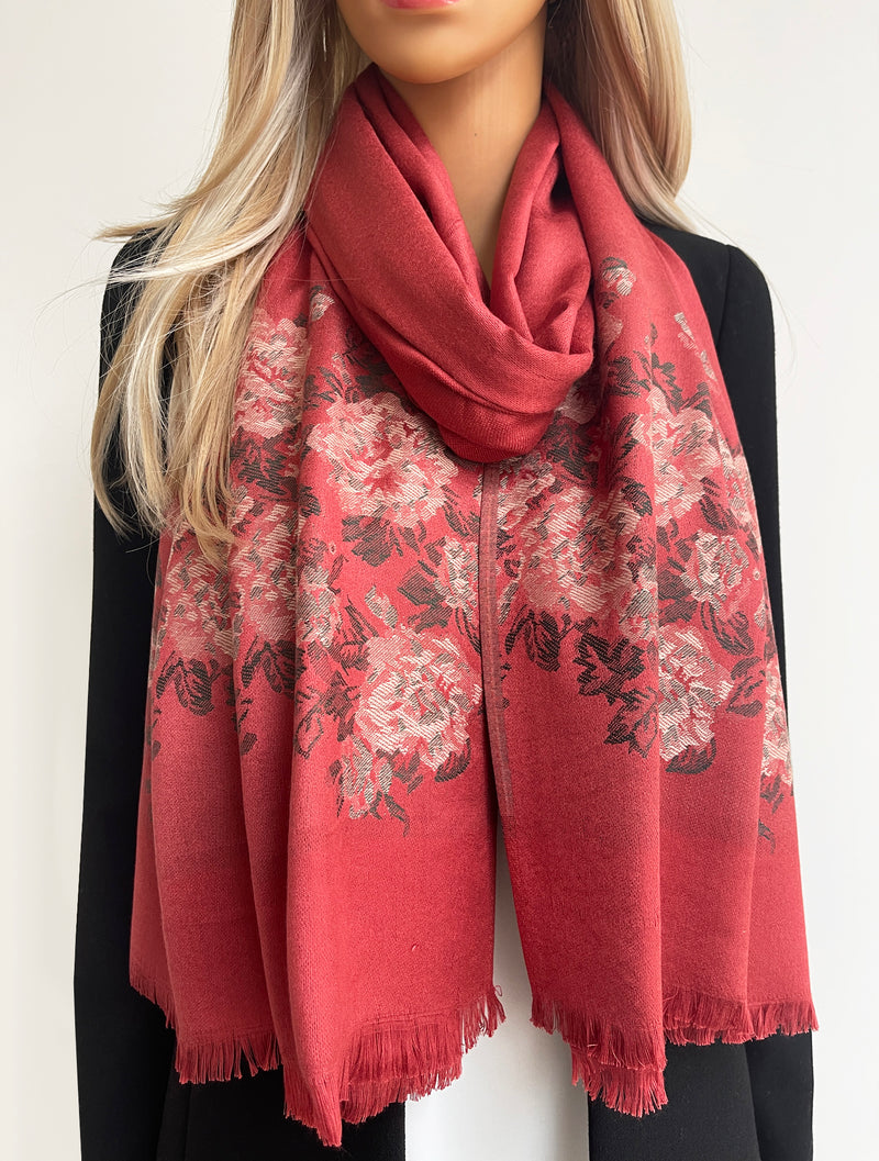 LARGE RUSTIC ORANGE FLORAL PRINT SILKY FEEL PASHMINA SHAWL SCARF