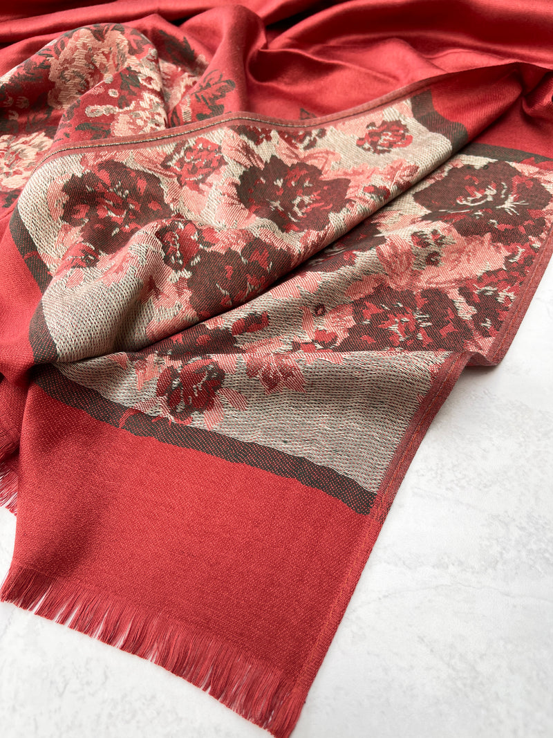 LARGE RUSTIC ORANGE FLORAL PRINT SILKY FEEL PASHMINA SHAWL SCARF