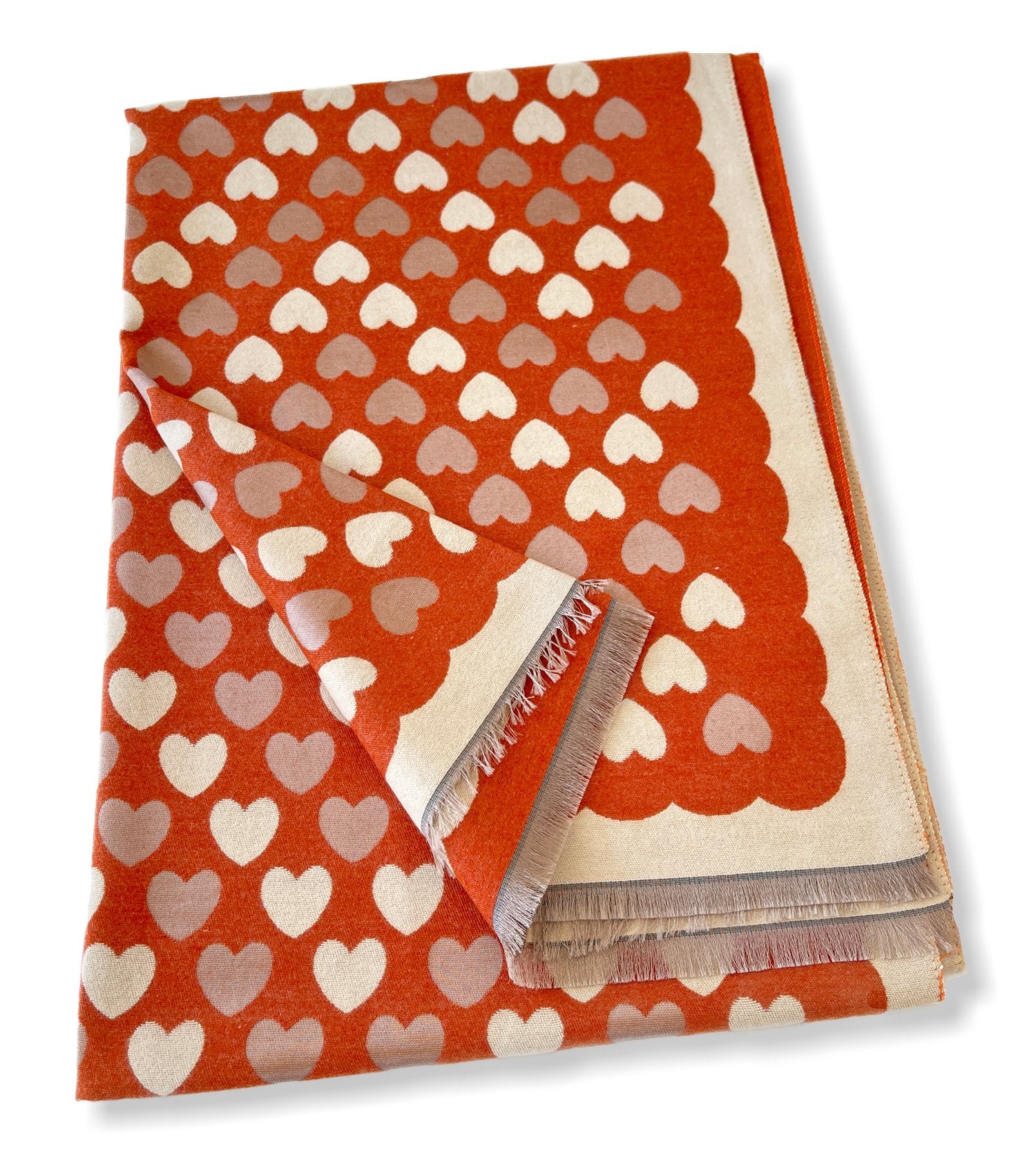 LARGE RUST ORANGE HEART PRINT REVERSIBLE CASHMERE WINTER SHAWL BLANKET SCARF