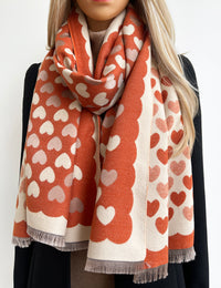 LARGE RUST ORANGE HEART PRINT REVERSIBLE CASHMERE WINTER SHAWL BLANKET SCARF