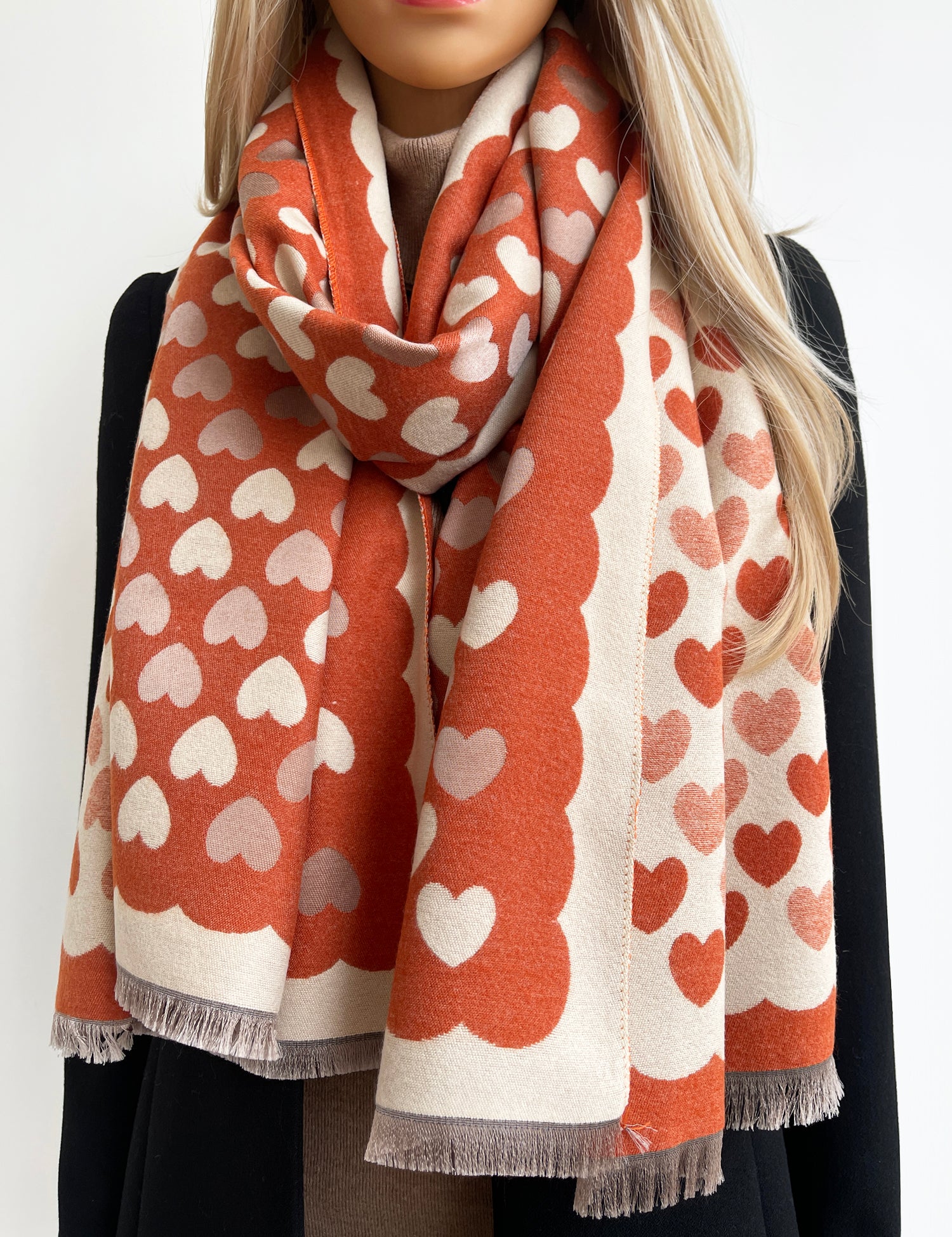 LARGE RUST ORANGE HEART PRINT REVERSIBLE CASHMERE WINTER SHAWL BLANKET SCARF