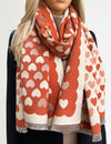 LARGE RUST ORANGE HEART PRINT REVERSIBLE CASHMERE WINTER SHAWL BLANKET SCARF