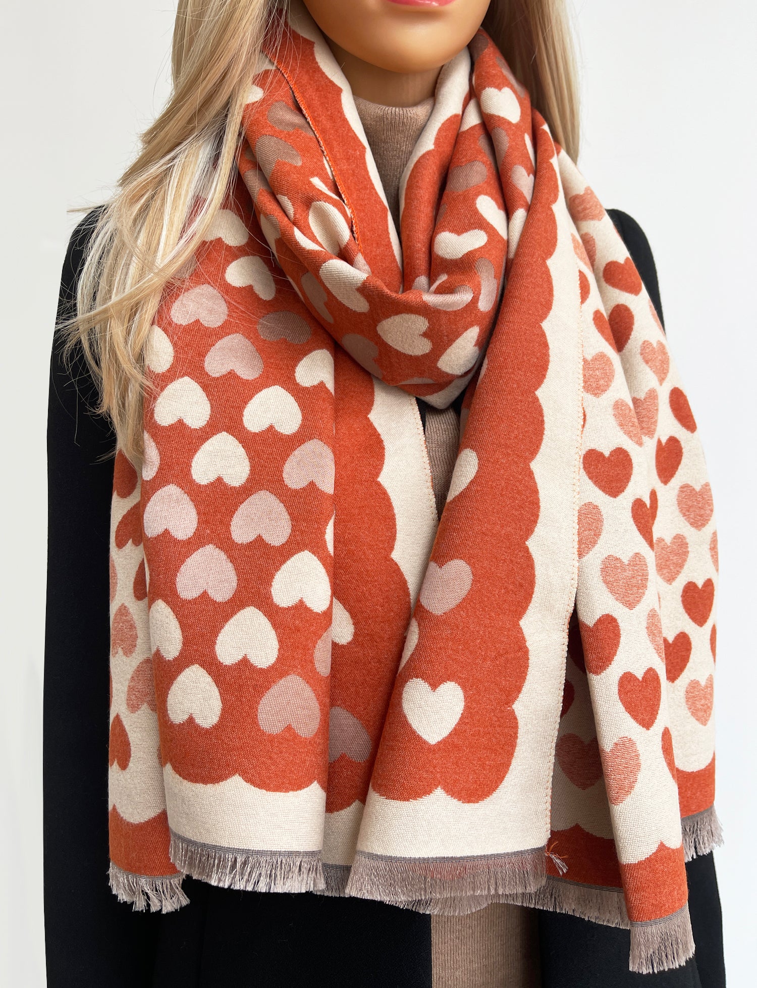 LARGE RUST ORANGE HEART PRINT REVERSIBLE CASHMERE WINTER SHAWL BLANKET SCARF