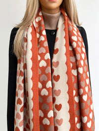 LARGE RUST ORANGE HEART PRINT REVERSIBLE CASHMERE WINTER SHAWL BLANKET SCARF