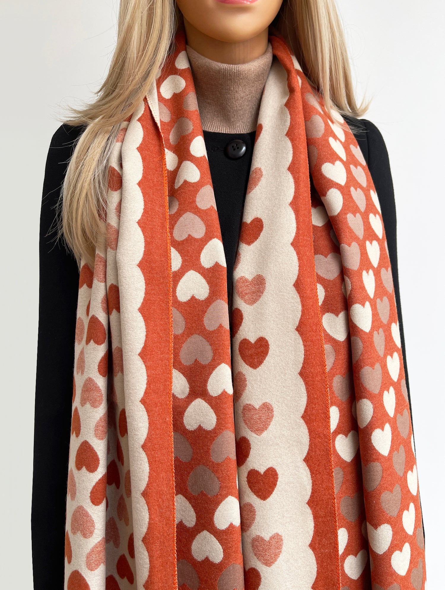 LARGE RUST ORANGE HEART PRINT REVERSIBLE CASHMERE WINTER SHAWL BLANKET SCARF