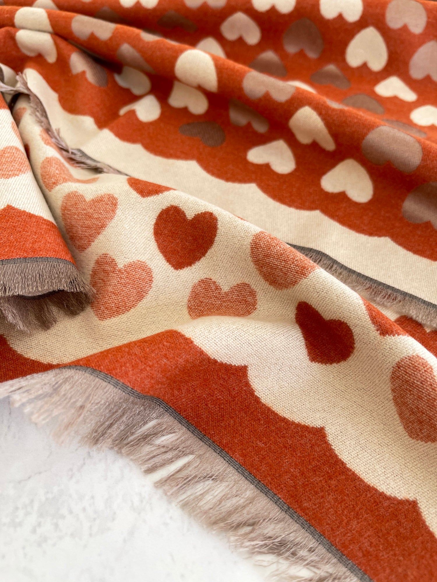LARGE RUST ORANGE HEART PRINT REVERSIBLE CASHMERE WINTER SHAWL BLANKET SCARF