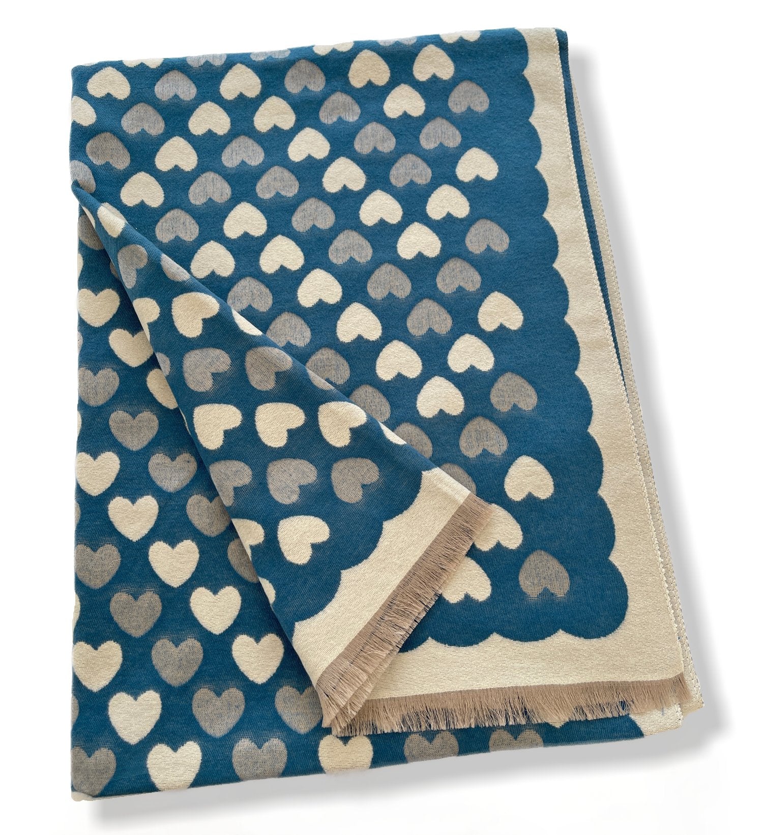 LARGE TEAL HEART PRINT REVERSIBLE CASHMERE WINTER SHAWL BLANKET SCARF