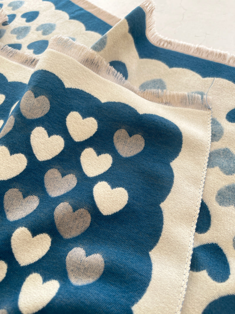 LARGE TEAL HEART PRINT REVERSIBLE CASHMERE WINTER SHAWL BLANKET SCARF